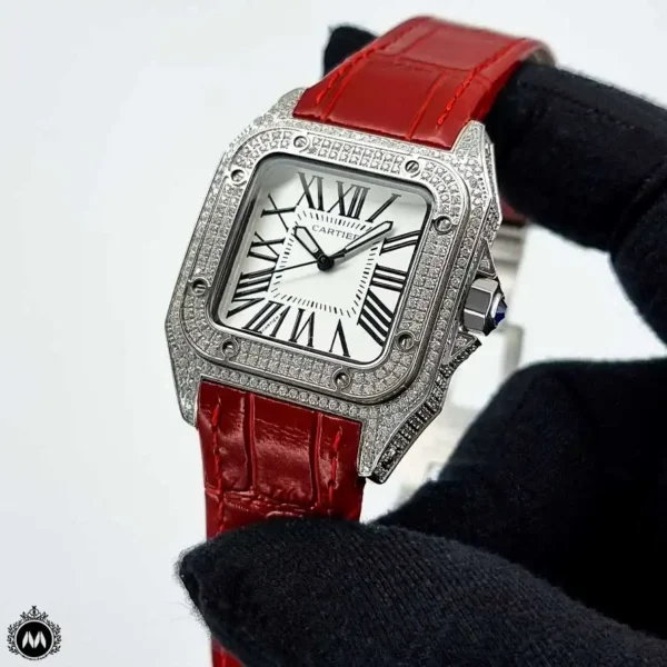 ساعت مچی زنانه کارتیه سانتوس قرمز Cartier Santos100 Full Diamond