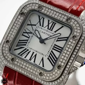 ساعت مچی زنانه کارتیه سانتوس قرمز Cartier Santos100 Full Diamond