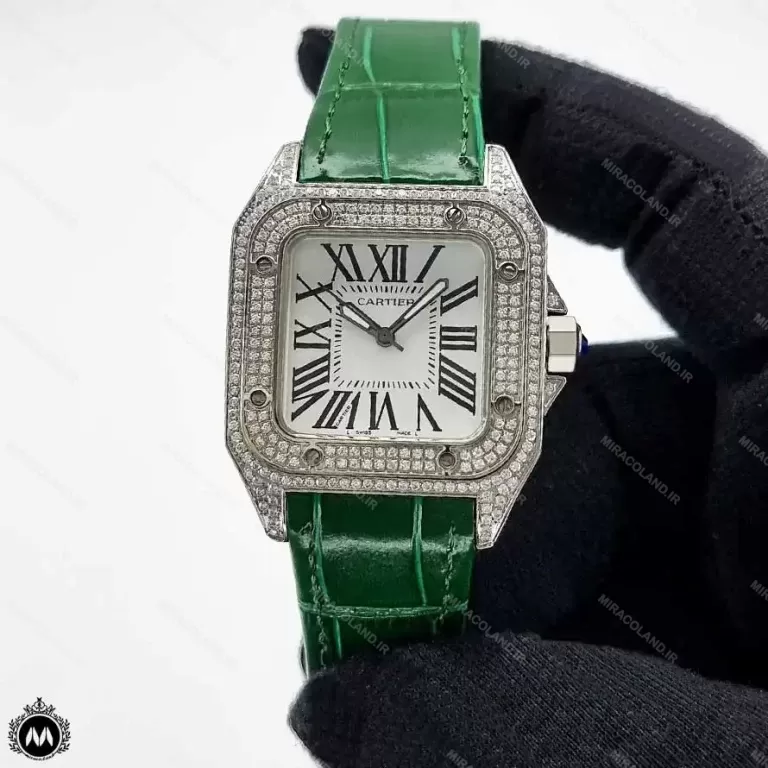 ساعت مچی زنانه کارتیه سانتوس سبز Cartier Santos100 Full Diamond