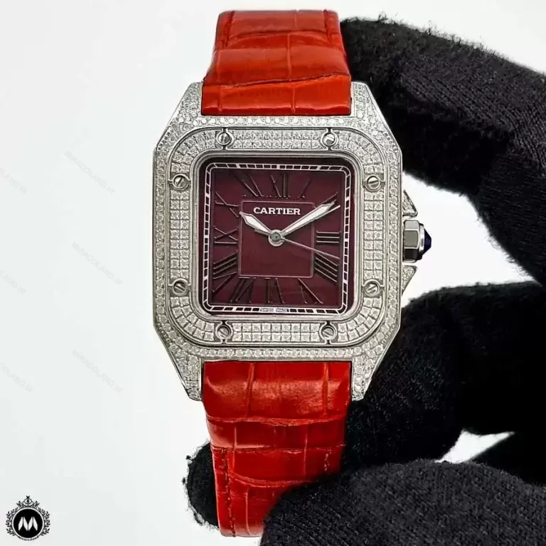 ساعت مچی کارتیر زنانه سانتوس قرمز فول نگین Cartier Santos100 Full Diamond