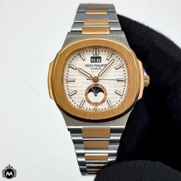 ساعت مردانه پتک فیلیپ ناتیلوس رزگلد نقره ای دو تقویمه 1123 Patek Philippe Nautilus