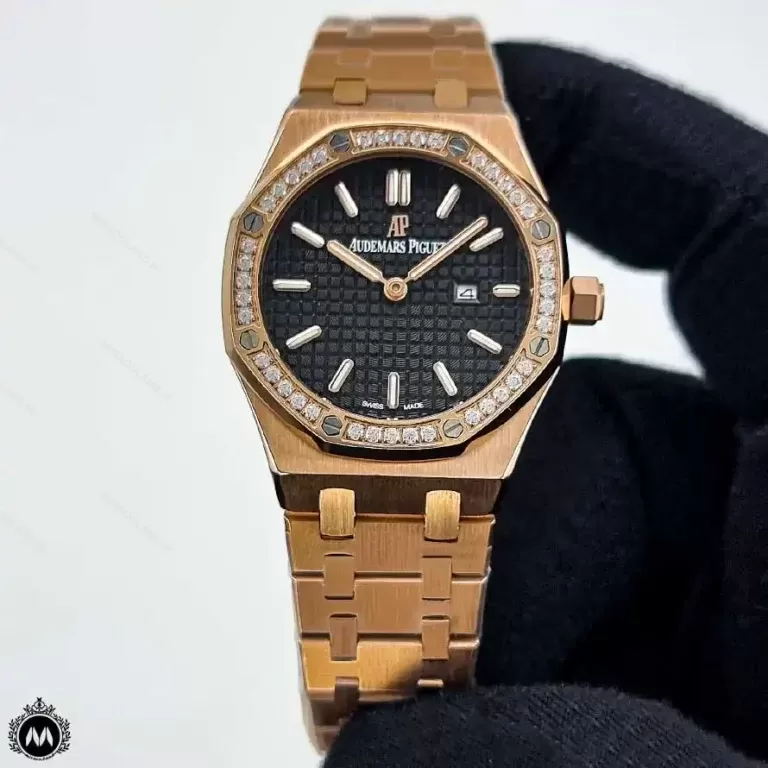 ساعت مچی زنانه ای پی تک موتوره رزگلد صفحه مشکی AP Royal Oak A753L