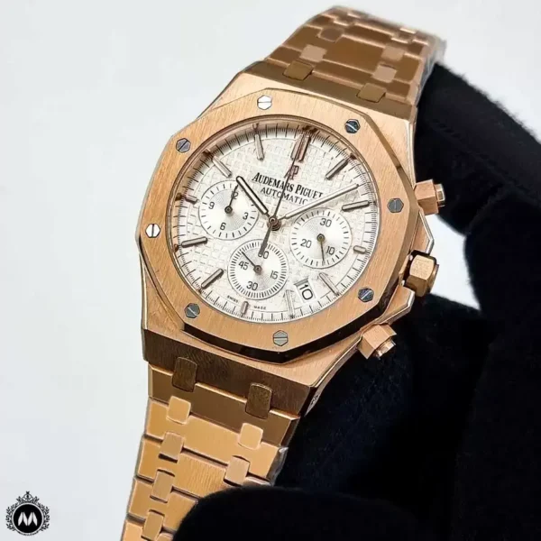 ساعت ای پی مردانه سه موتوره رزگلد صفحه سفید Audemars Piguet Royal Oak RO731