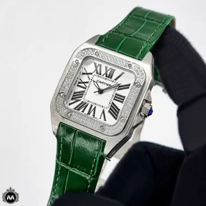 ساعت زنانه کارتیر سانتوس سبز دور نگین Cartier Santos100