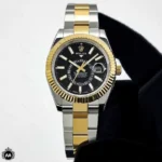 ساعت رولکس اسکای دولر مردانه طلایی نقره ای صفحه مشکی 6679 Rolex Sky-Dweller