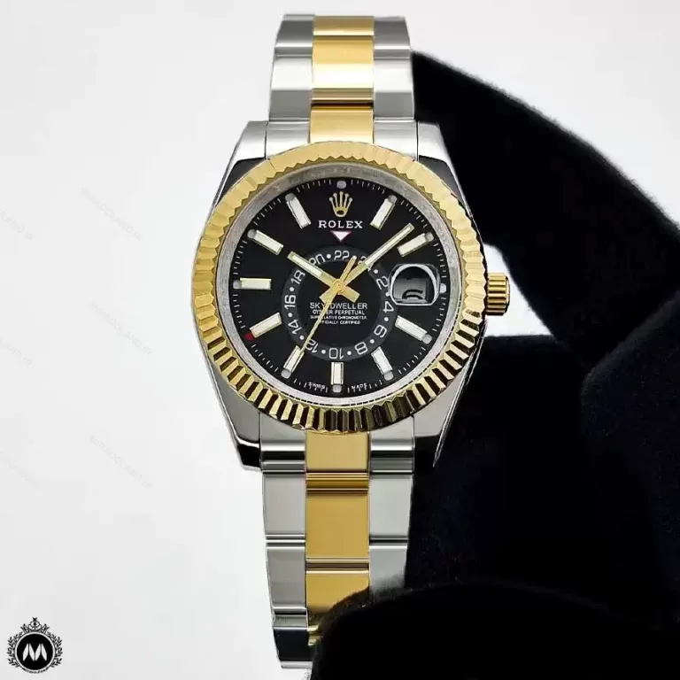 ساعت رولکس اسکای دولر مردانه طلایی نقره ای صفحه مشکی 6679 Rolex Sky-Dweller