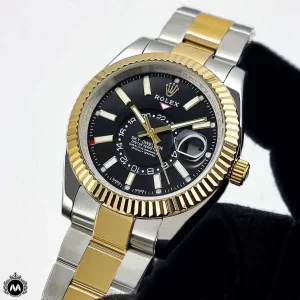 ساعت رولکس اسکای دولر مردانه طلایی نقره ای صفحه مشکی 6679 Rolex Sky-Dweller