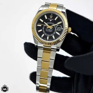 ساعت رولکس اسکای دولر مردانه طلایی نقره ای صفحه مشکی 6679 Rolex Sky-Dweller