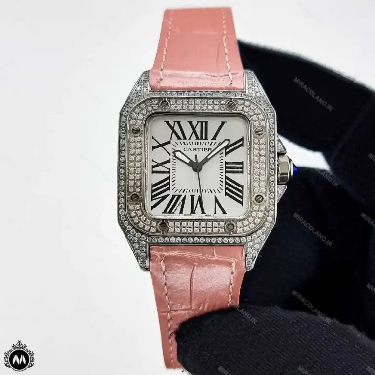 ساعت کارتیر سانتوس صورتی فول نگین Cartier Santos100 Full Diamond