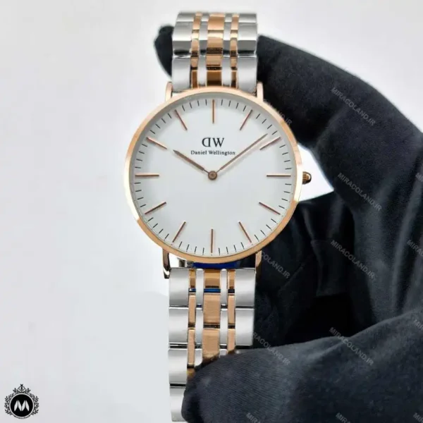 ساعت مچی مردانه دنیل ولینگتون کلاسیک رزگلد سیلور صفحه سفید موتور باتری خور Daniel Wellington DW2987G