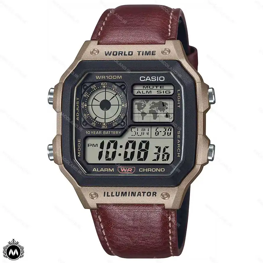 AE-1200WHL-5AV-0 ساعت مچی مردانه کاسیو دیجیتالی مدل ساعت جهانی بند چرمی Casio AE-1200WHL-5AV